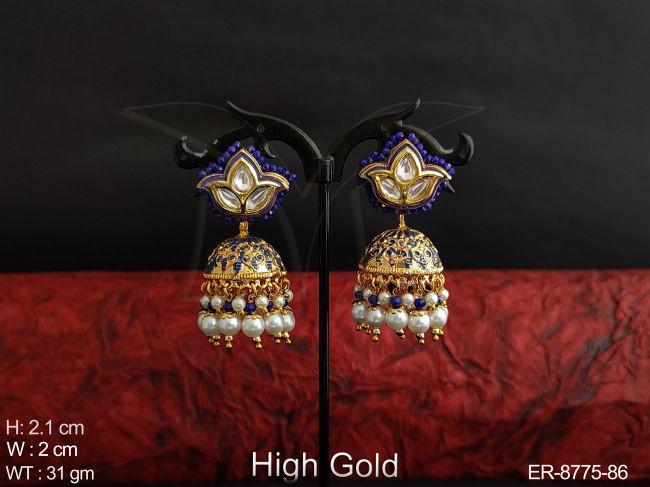Beautiful Meenakari white stones Clustered Pearl High Gold Polish Fancy Style Designer Party wear Jhumka Earring